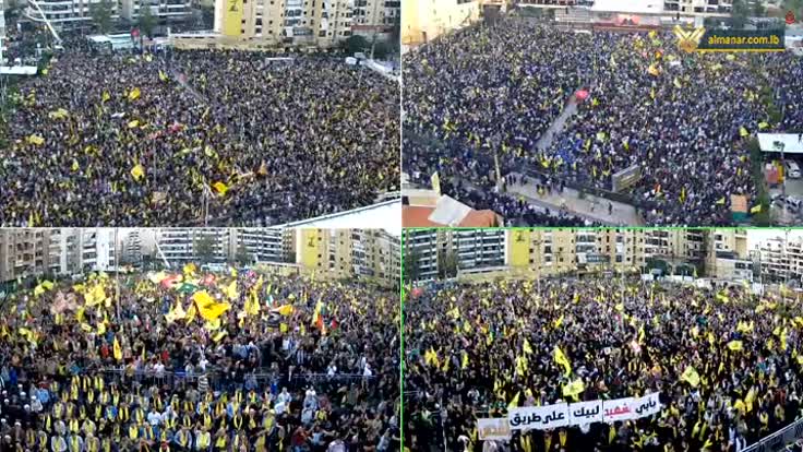 Crowds of Hezbollah supporters participating in Beirut’s southern suburb (Dahiyeh), the city of Nabatieh, Deir Qanun Al-Nahr, and Baalbek